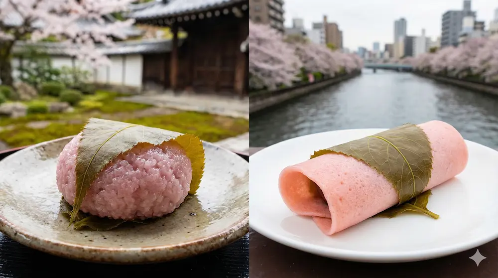 つぶつぶの道明寺とクレープ状の長命寺の外見の違いを表すイメージ画像
