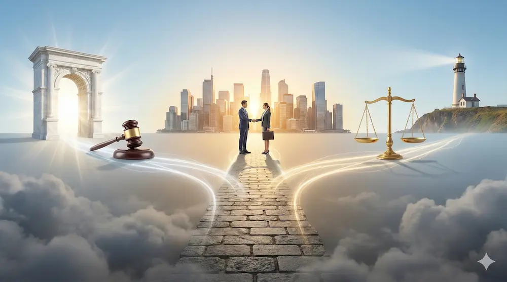 都市や天秤を背景に状況に応じた英語表現を示すイメージ画像