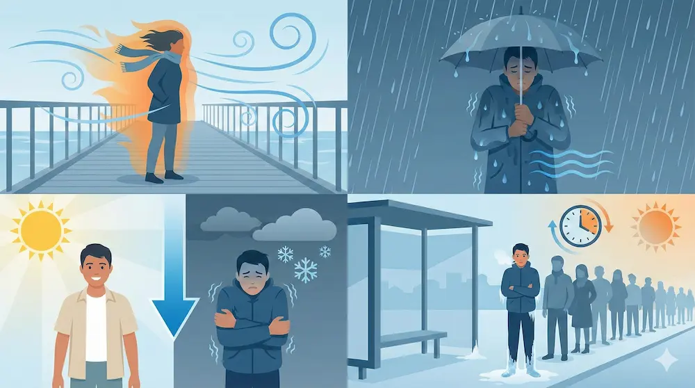 風や湿度など体感温度を左右する要因を解説するイメージ画像