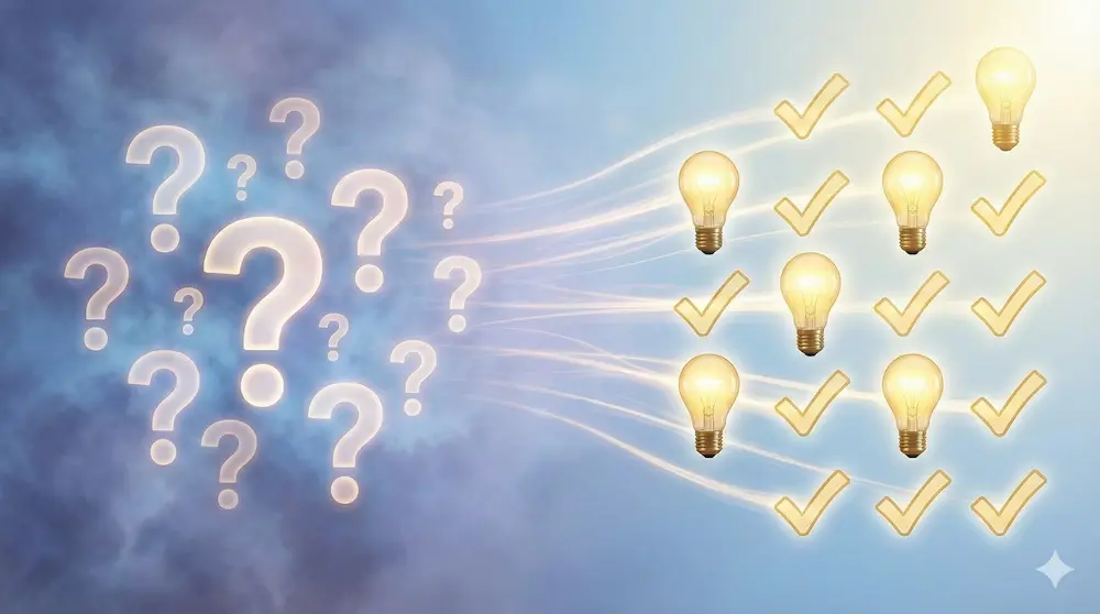 疑問符から解決を導く電球とチェックマークのイメージ画像