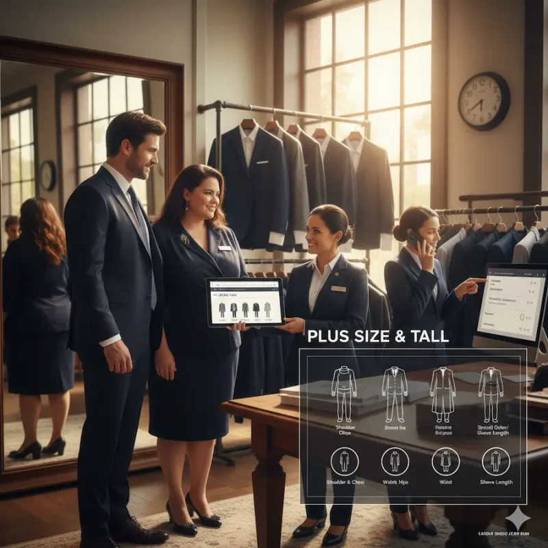 在庫確認を行いながら大きいサイズの礼服を探すイメージ画像