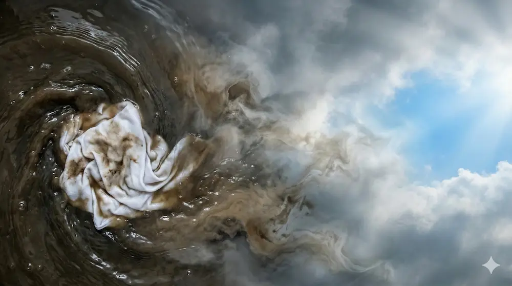 雲が晴れる様子と汚れを洗う様子で比喩の混同を示すイメージ画像