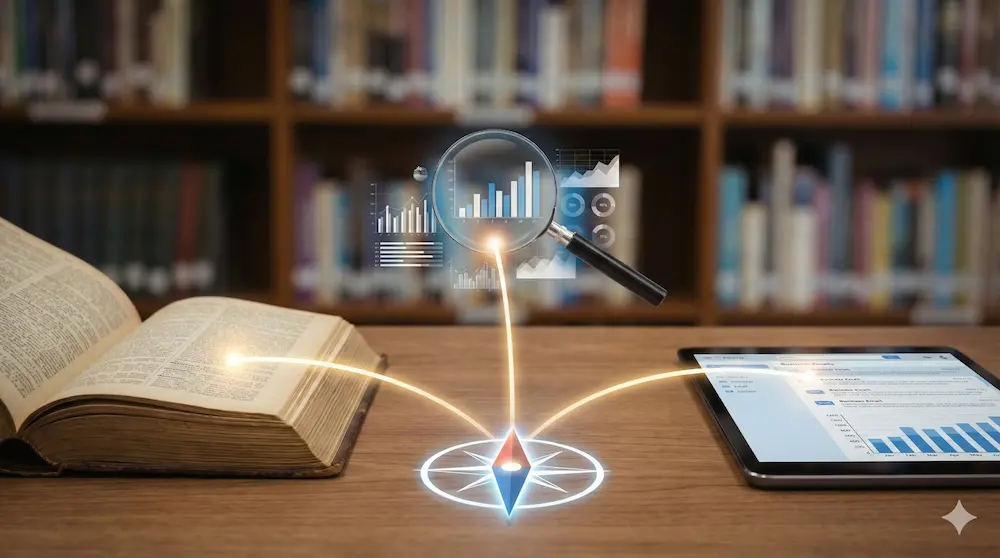 辞書とタブレット、虫眼鏡で情報の見方を説明するイメージ画像