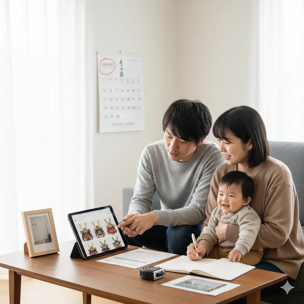 冬の時期に家族で初節句の準備を始めるイメージ画像