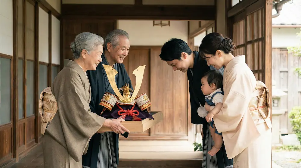 母方の実家から兜が贈られる伝統的な場面のイメージ画像