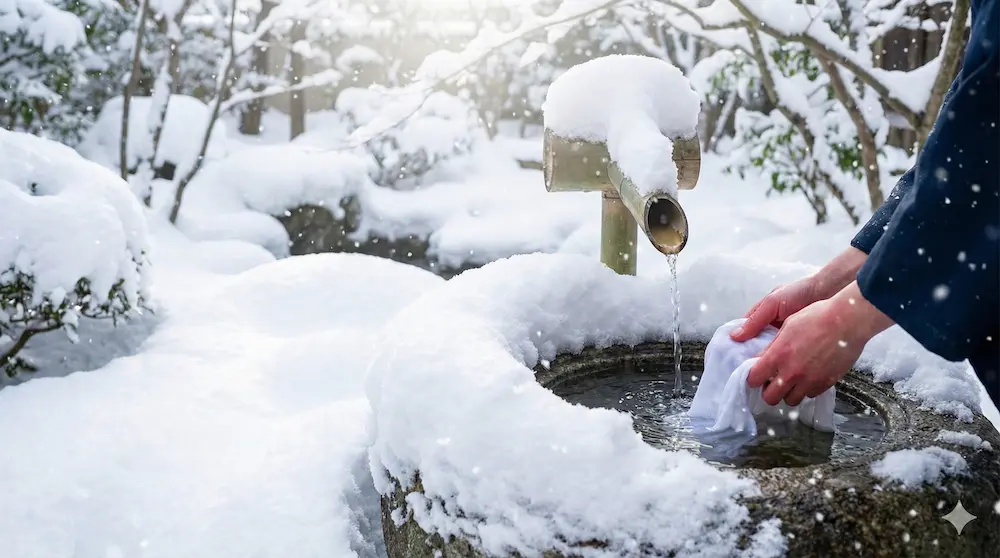 雪が積もる日本庭園で布を洗い「雪ぐ」を表現したイメージ画像