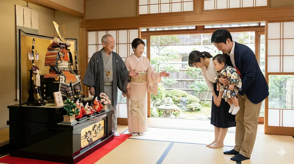 関西の和室で母方の親族と初節句を祝うイメージ画像