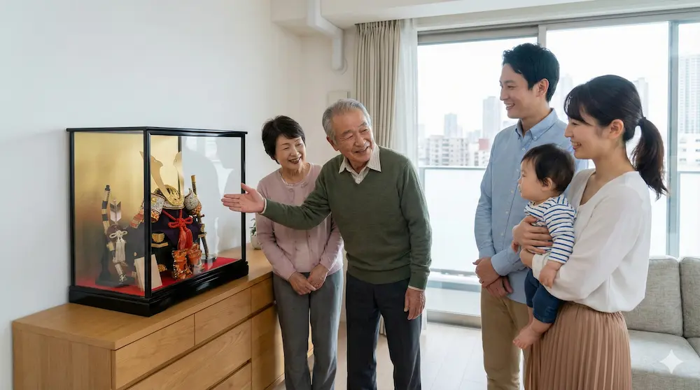 関東の家庭で父方の祖父母と兜を飾るイメージ画像