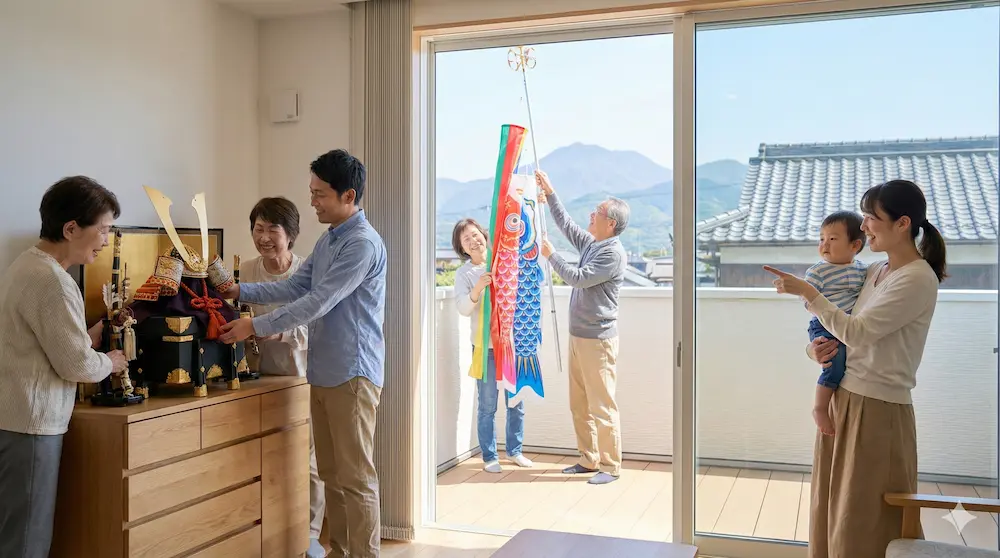 家族で兜と鯉のぼりの役割分担を相談するイメージ画像