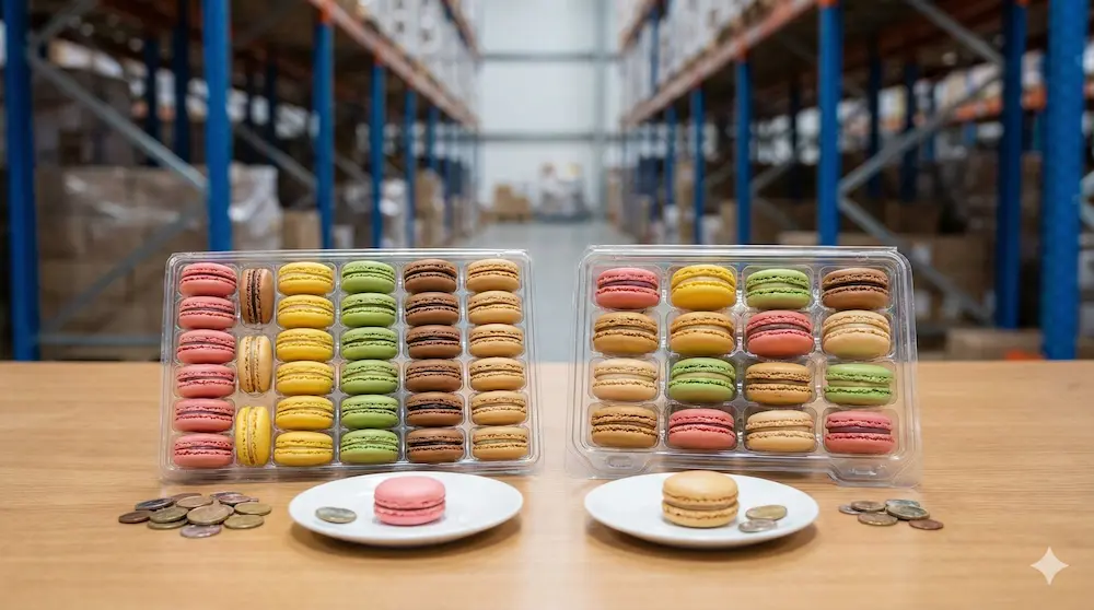 マカロンの箱詰めと1個あたりの単価相場を表現したイメージ画像