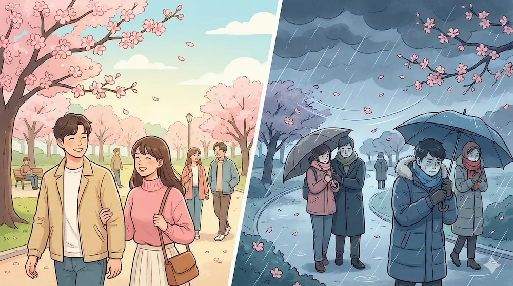 3月の激しい寒暖差と雨による冷え込みを表現したイメージ画像