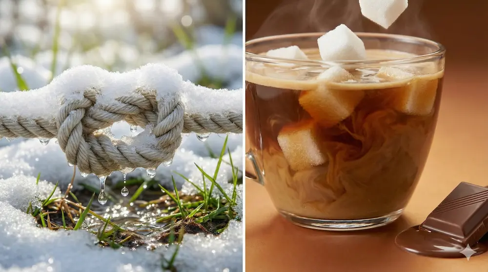 結び目が解ける様子と物質が液体に溶ける様子を比較した図