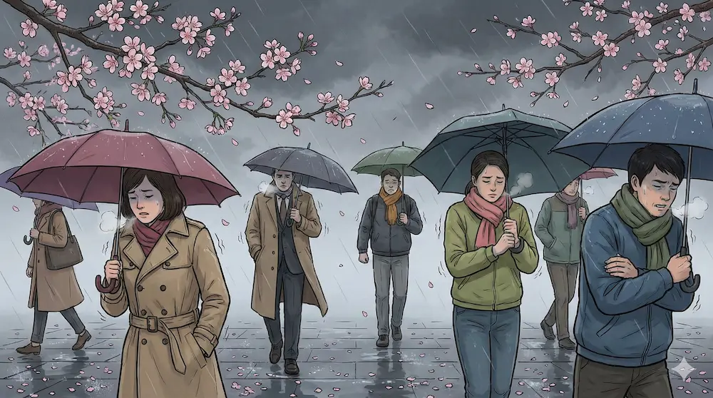 3月中旬の寒の戻りによる急な冷え込みを表現したイメージ画像