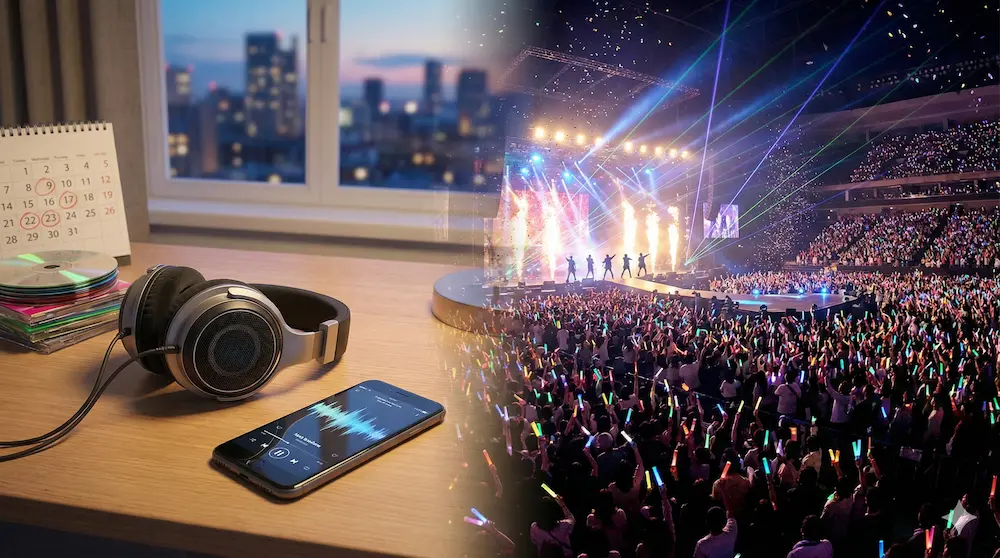 楽曲視聴とライブの熱狂を組み合わせて表現したイメージ画像