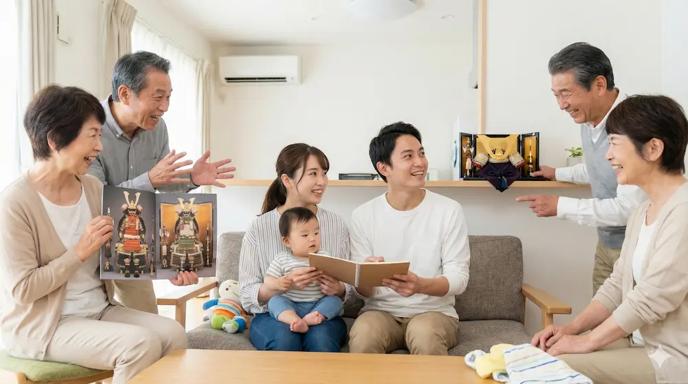 両家の親とカタログを見ながら兜を選ぶイメージ画像