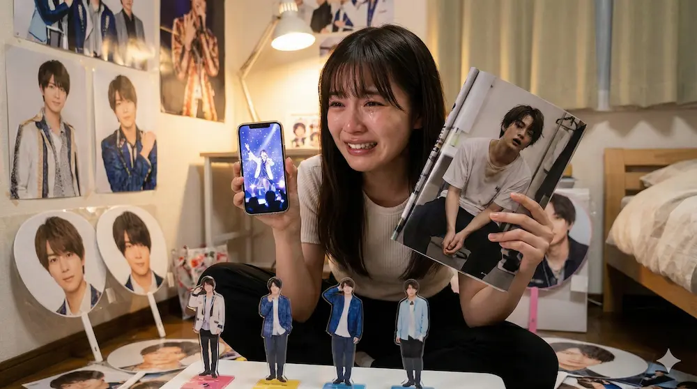 推しの尊さに涙する熱心なファンの様子を描いたイメージ画像