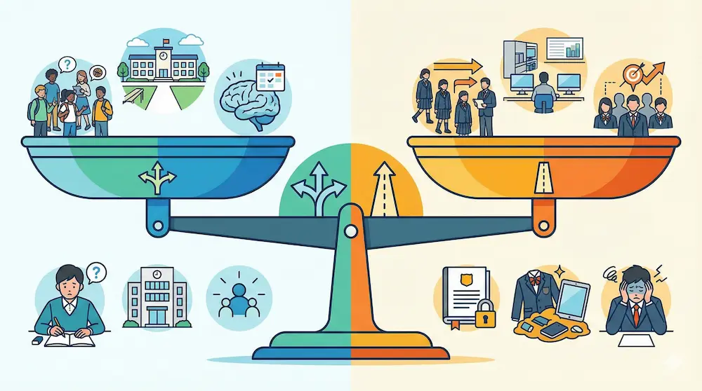 公立と私立それぞれのメリットとデメリットを比較する図