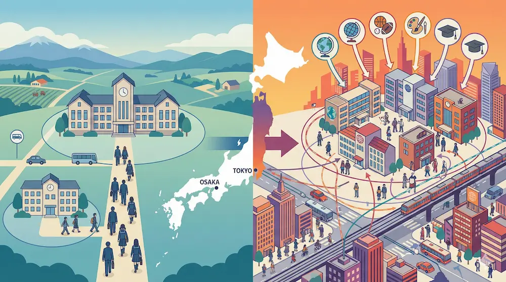 地方と都市部での通学環境や学校の選択肢の違いを示す図