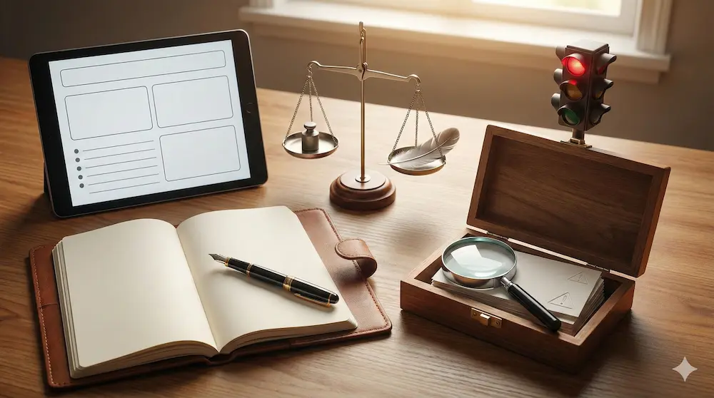 ノートや天秤、信号機のモチーフで例文と注意点を表すイメージ画像