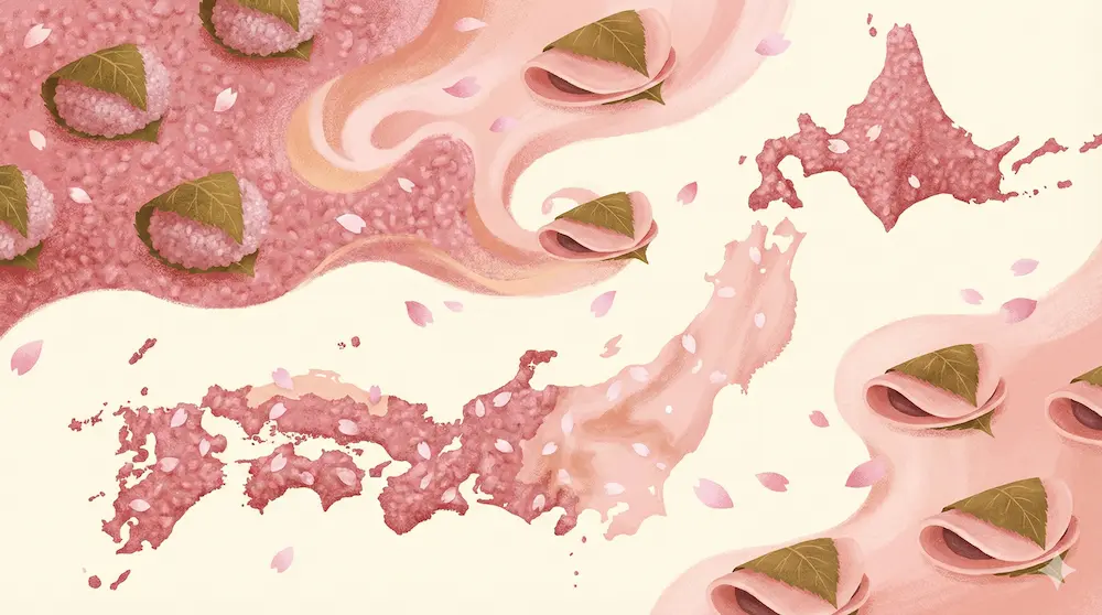 日本地図で道明寺と長命寺の全国的な分布状況を表したイメージ画像