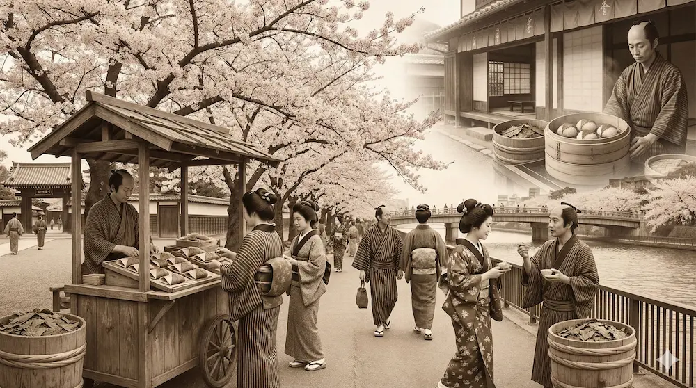 江戸時代の茶屋で桜餅を楽しむ人々と歴史の変遷を表すイメージ画像
