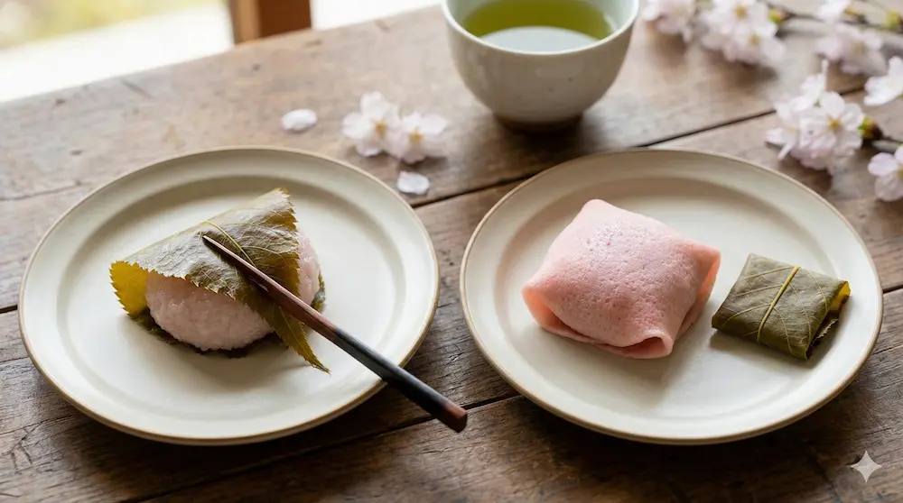 桜の葉を外す様子と食べる際のマナーや役割を説明するイメージ画像