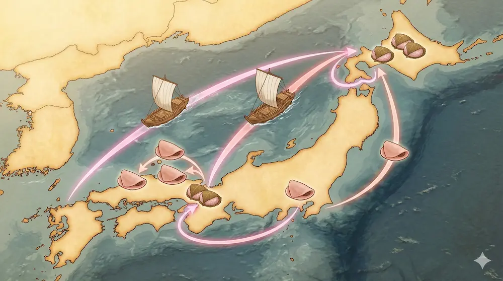 北海道や山陰地方で主流が逆転する文化の伝播を説明するイメージ画像