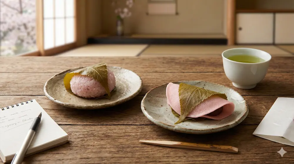 名店の桜餅を並べて味や食感を食べ比べする様子を表すイメージ画像