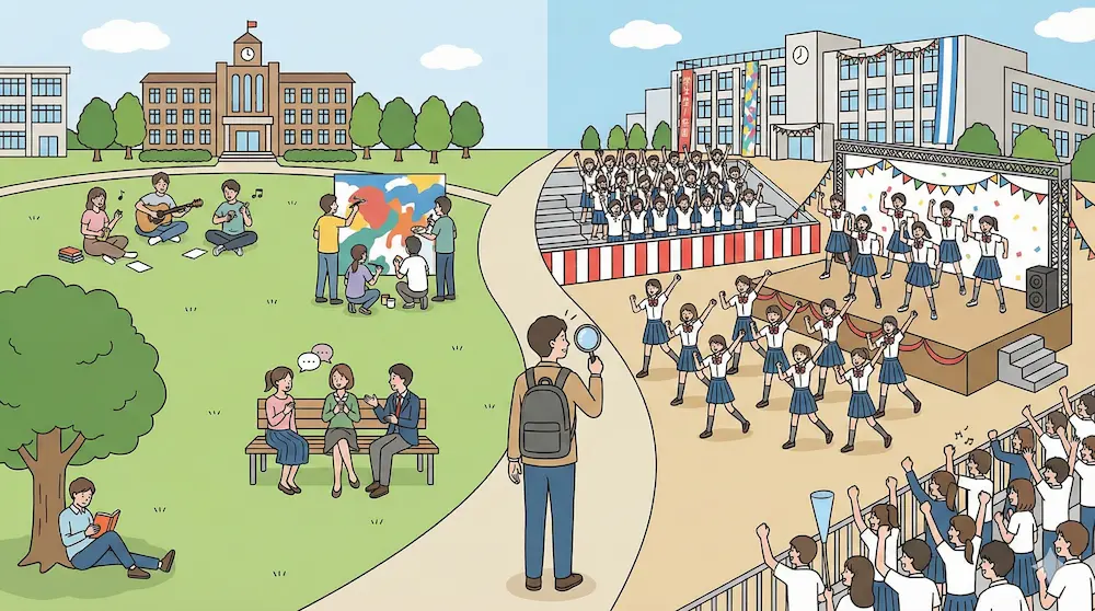 学校生活の楽しさを決める自由度と一体感の違いを示す画像