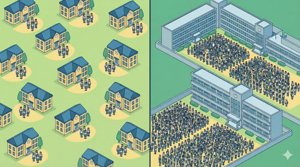 学校数と生徒数の規模の違いを比較して解説するイメージ画像