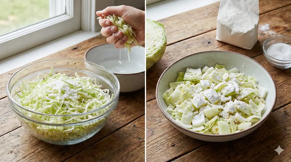 キャベツの塩もみや粉まぶしで焼売の水分を調整する工程のイメージ画像