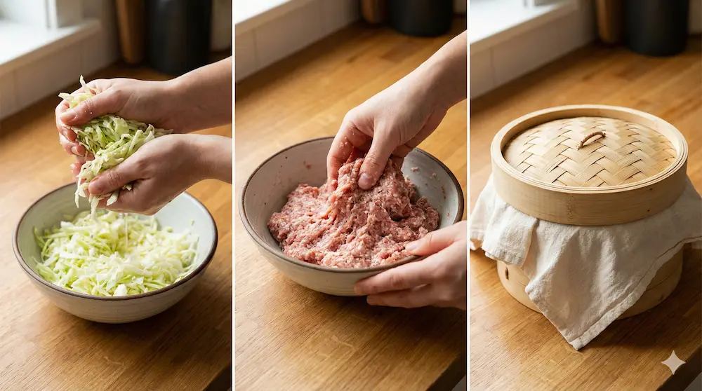 焼売の固さやベタつきを防ぐための調理ポイントを説明するイメージ画像