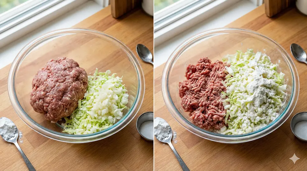 肉と野菜のバランスを最適化した具沢山な焼売の配合を説明するイメージ画像