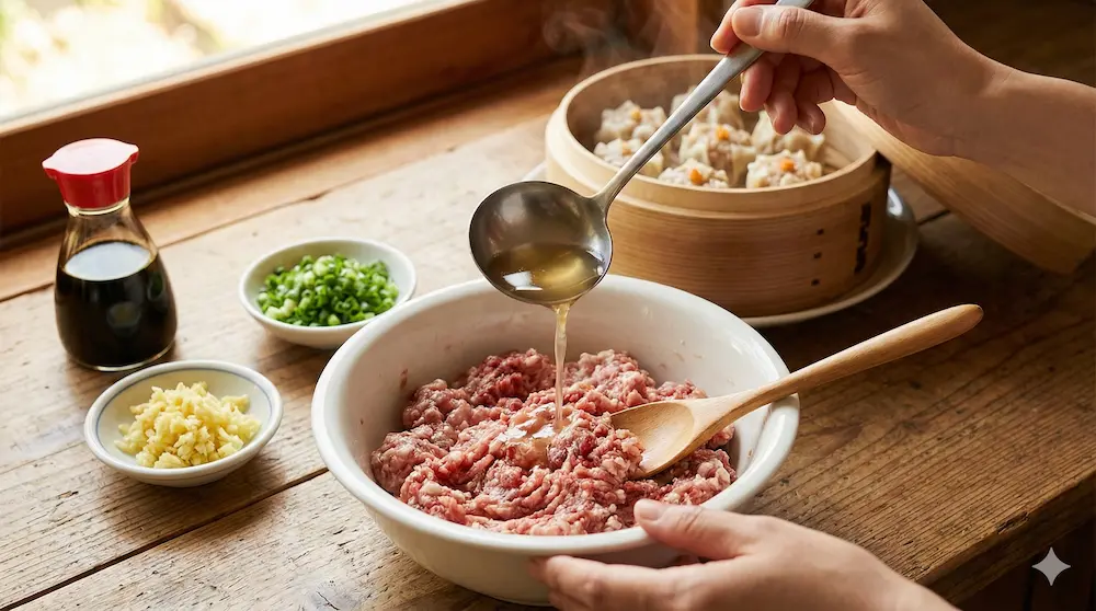 合い挽き肉でもジューシーに焼売を作るための工夫を表したイメージ画像