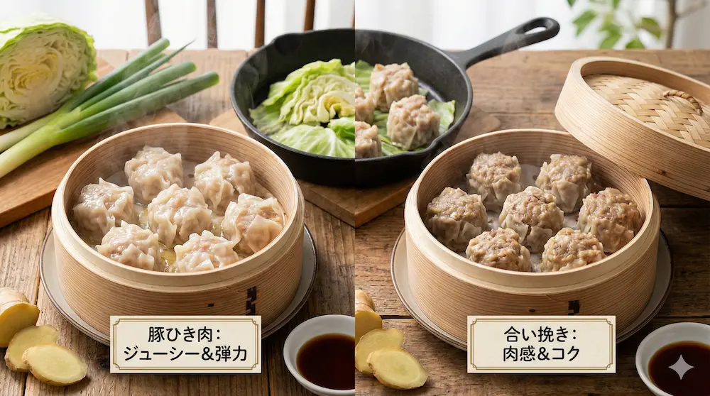 豚ひき肉と合い挽き肉で作った焼売の食感と肉汁を比較するイメージ画像