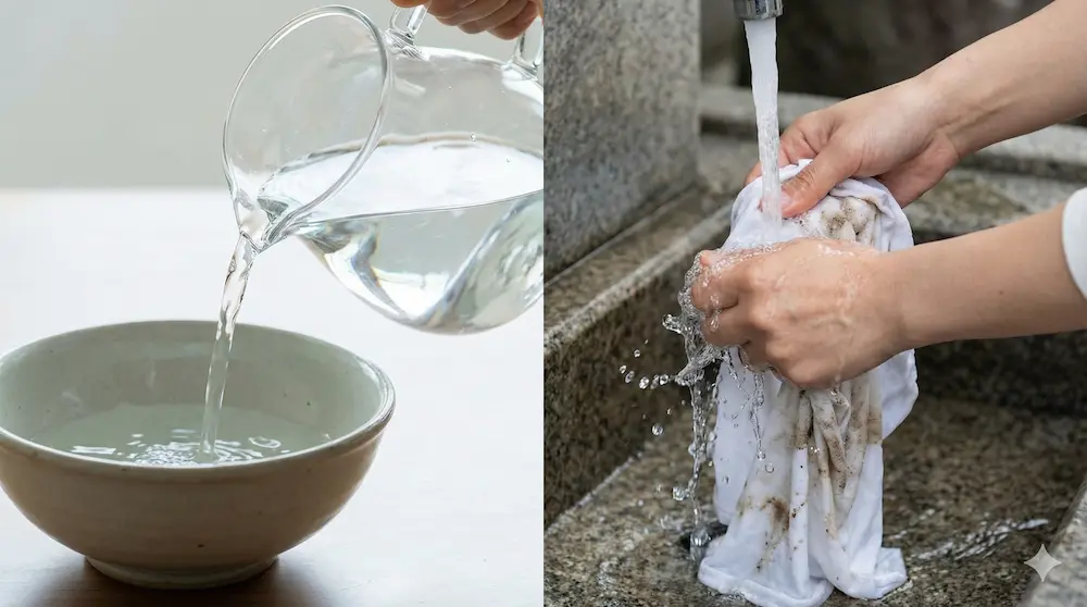 水を注ぐ動作と布を洗う動作で言葉の違いを表現したイメージ画像