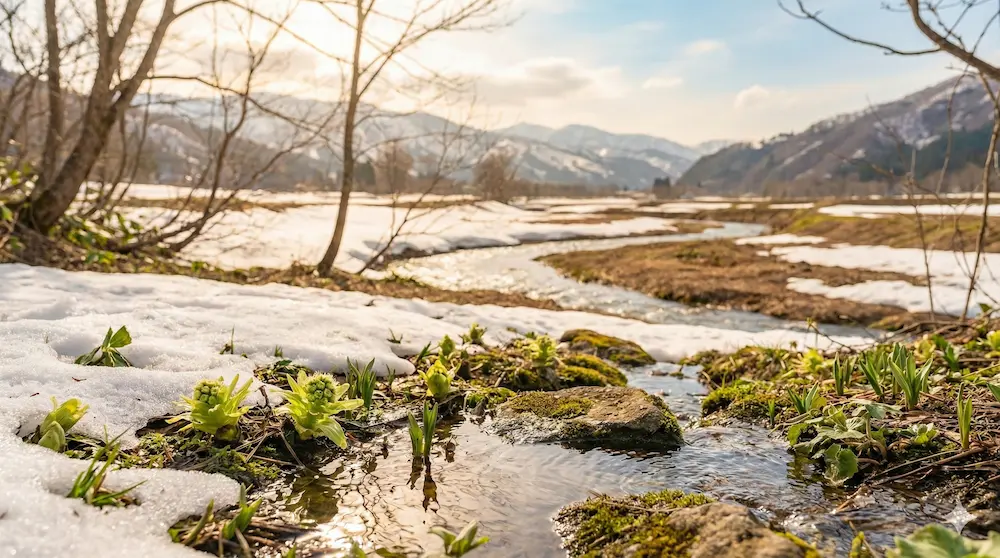 春の訪れとともに山肌の雪が解けて川が流れるイメージ画像