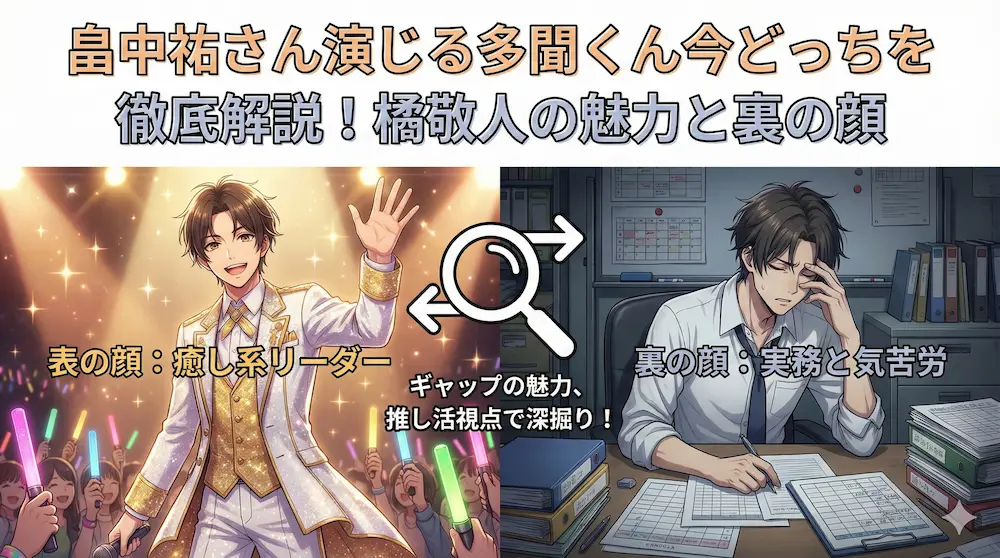 アイドルの笑顔と裏方の苦労を対比させたタイトルイメージ画像
