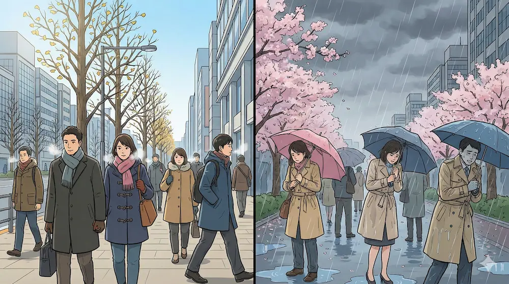 東京における12月と3月の平年値と体感の差を説明するイメージ画像