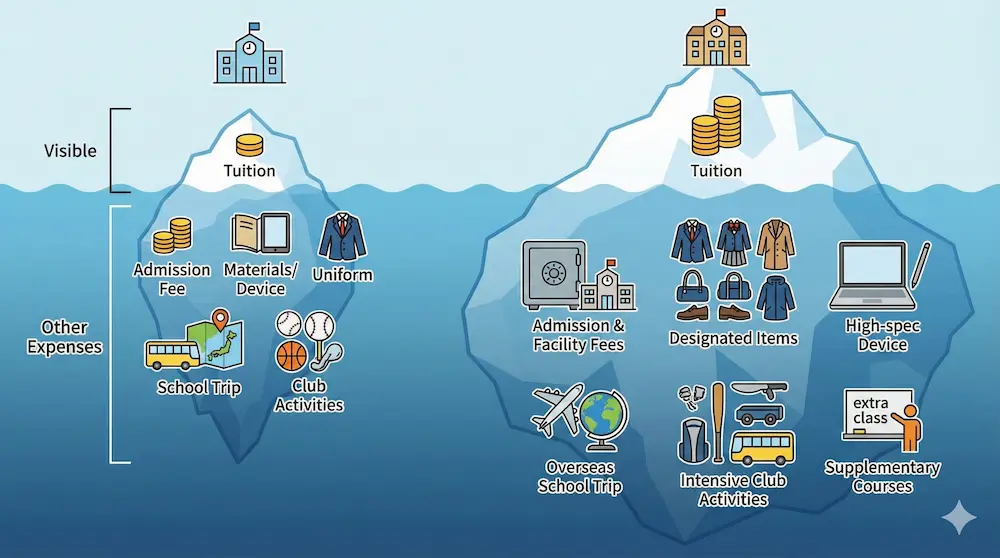 授業料以外の隠れた学費を氷山のモデルで説明するイメージ図