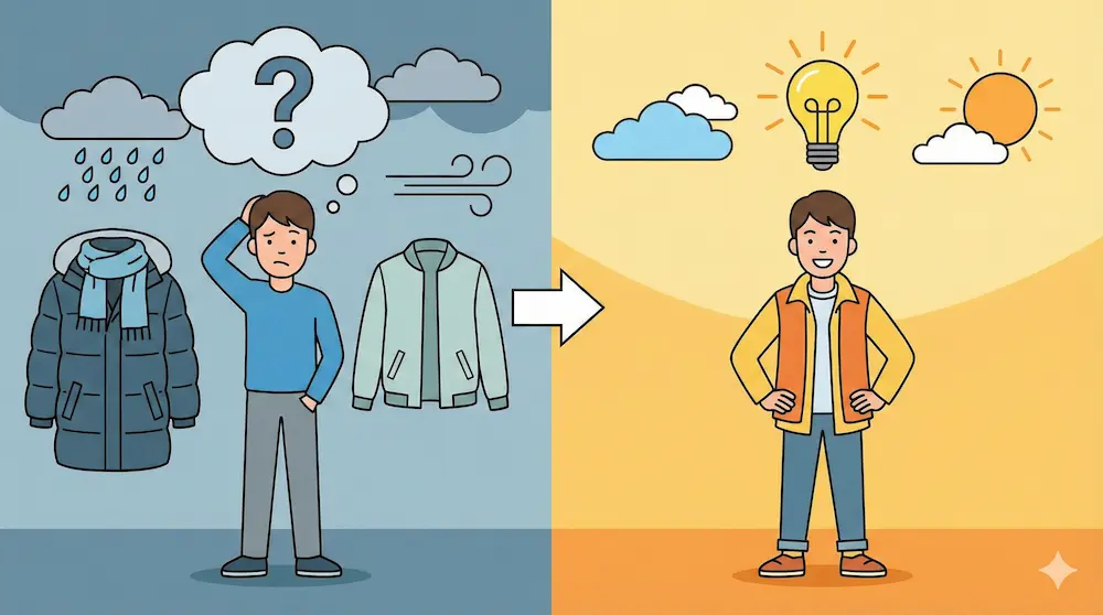 冬と春の服装や寒さの疑問が解決する様子を描いたイメージ画像