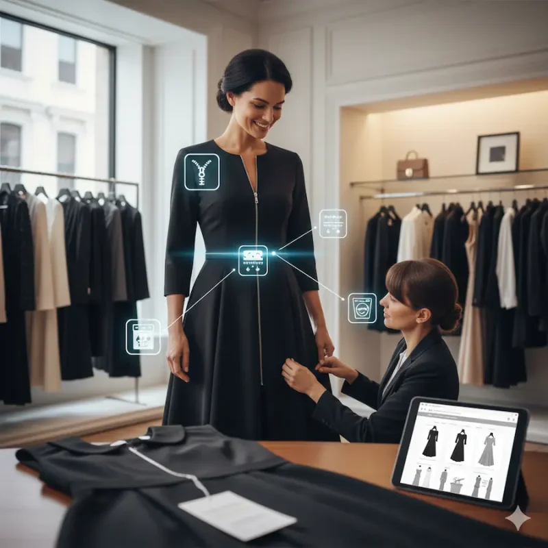 前開きや洗える機能などレディース礼服の利便性を表す図