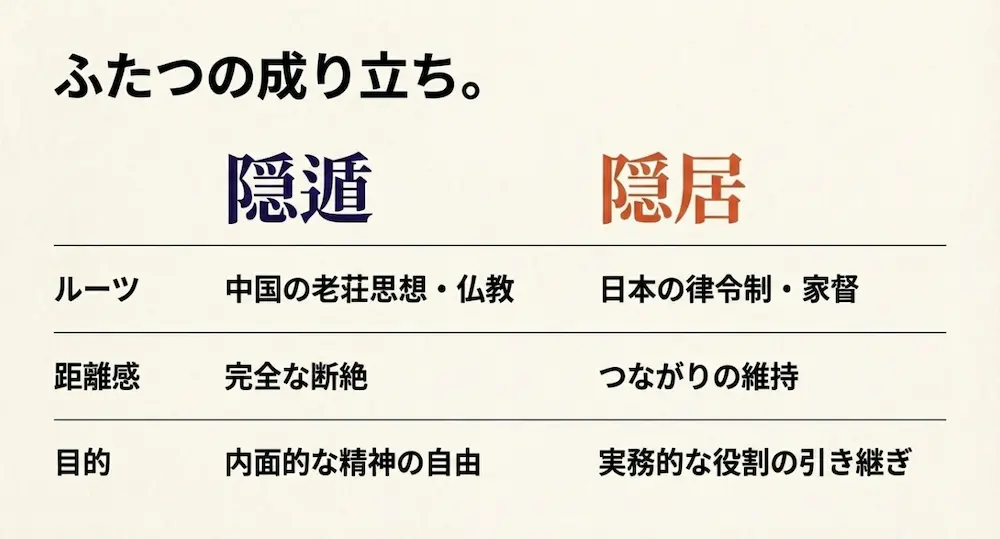 隠遁と隠居のルーツ（老荘思想と律令制）、社会との距離感、目的の違いを比較した表