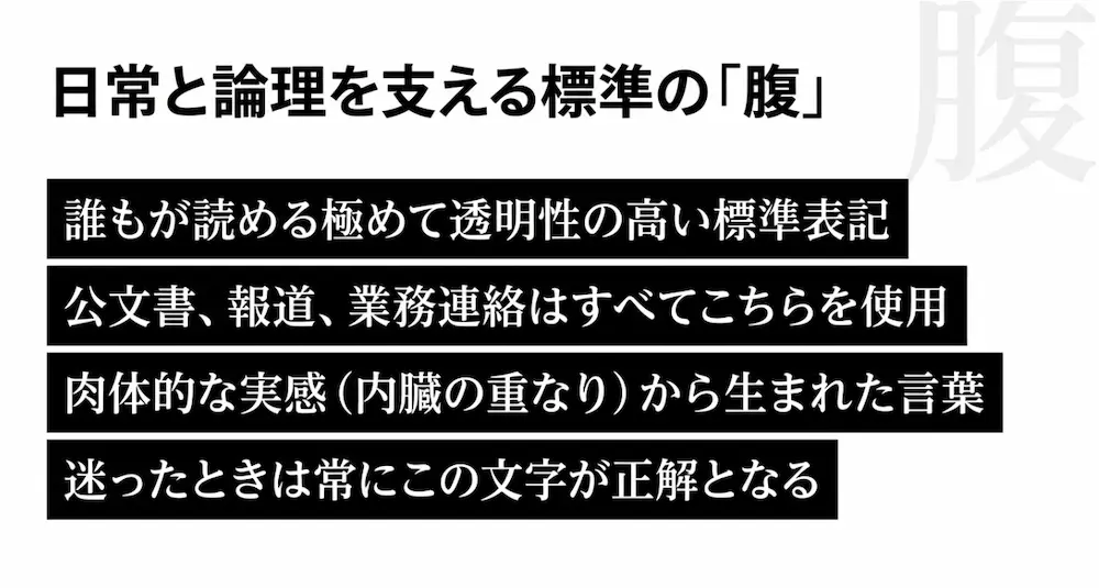 日常と論理を支える標準の常用漢字「腹」の特徴