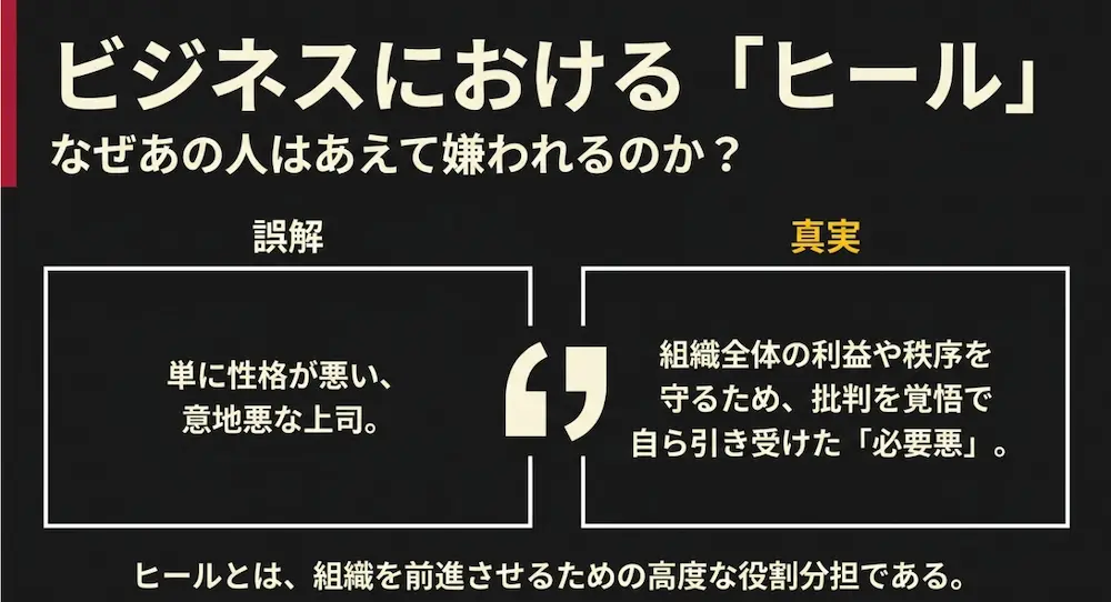 ビジネスにおけるヒールは単なる意地悪ではなく、組織の利益を守るための必要悪であることを解説したスライド