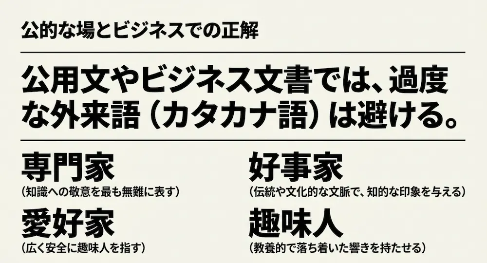 ビジネス文書や公的な場における「専門家」「愛好家」「好事家」「趣味人」の適切な使い分け
