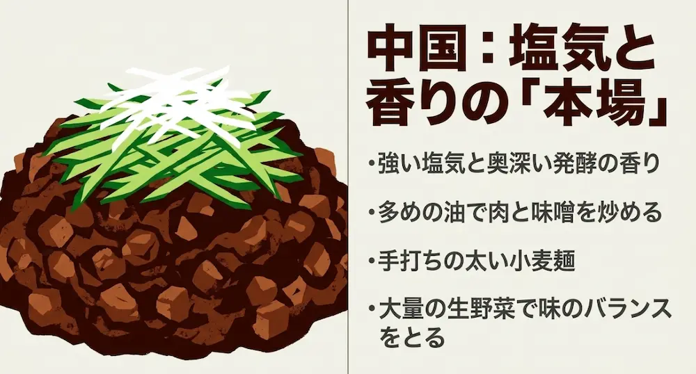 強い塩気と多めの油、太い手打ち麺が特徴である中国本場のジャージャー麺