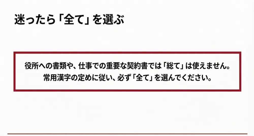迷ったら「全て」を選ぶ。役所への書類や仕事での重要な契約書では常用漢字の定めに従い必ず「全て」を選ぶ