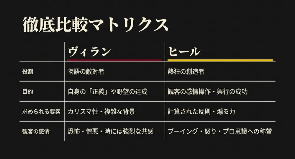 ヴィランとヒールの役割、目的、求められる要素、観客の感情を比較したマトリクス表