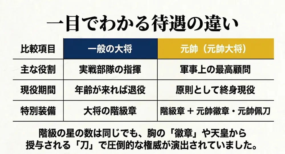 一般の大将と元帥における、主な役割、現役期間、特別装備の3つの比較項目を一目でわかるようにまとめた一覧表